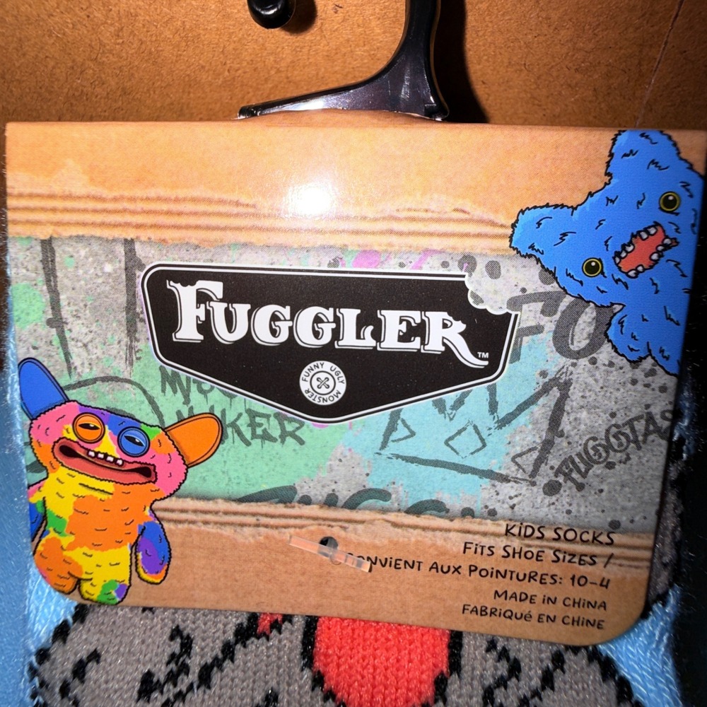 Fuggler Crew Socks Shoe Size 10-4 NEW Funny Ugly Monster Blue Quirky Graphic